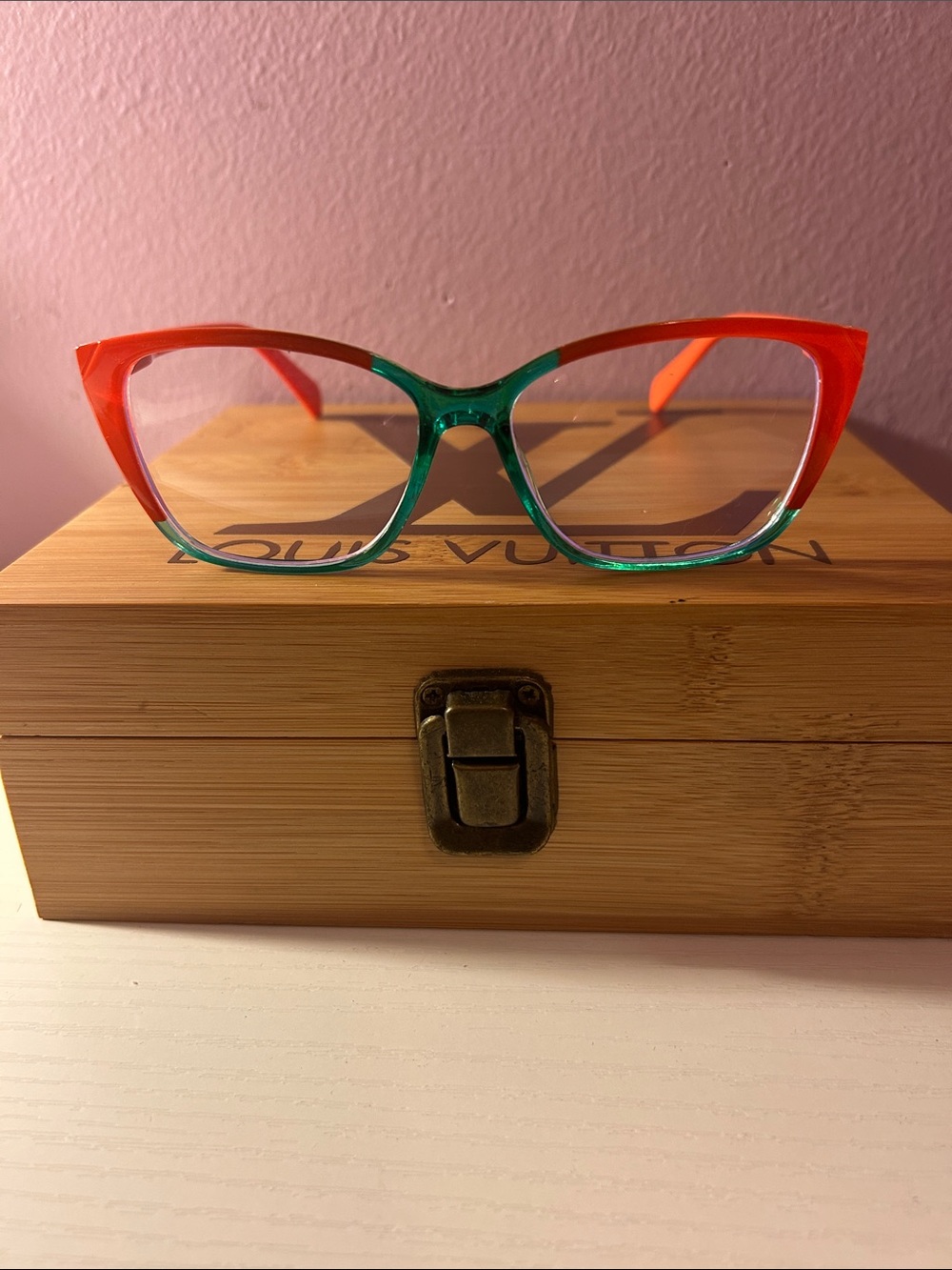 Colorblock Cat-Eye Glasses in Red and Green - Unbranded